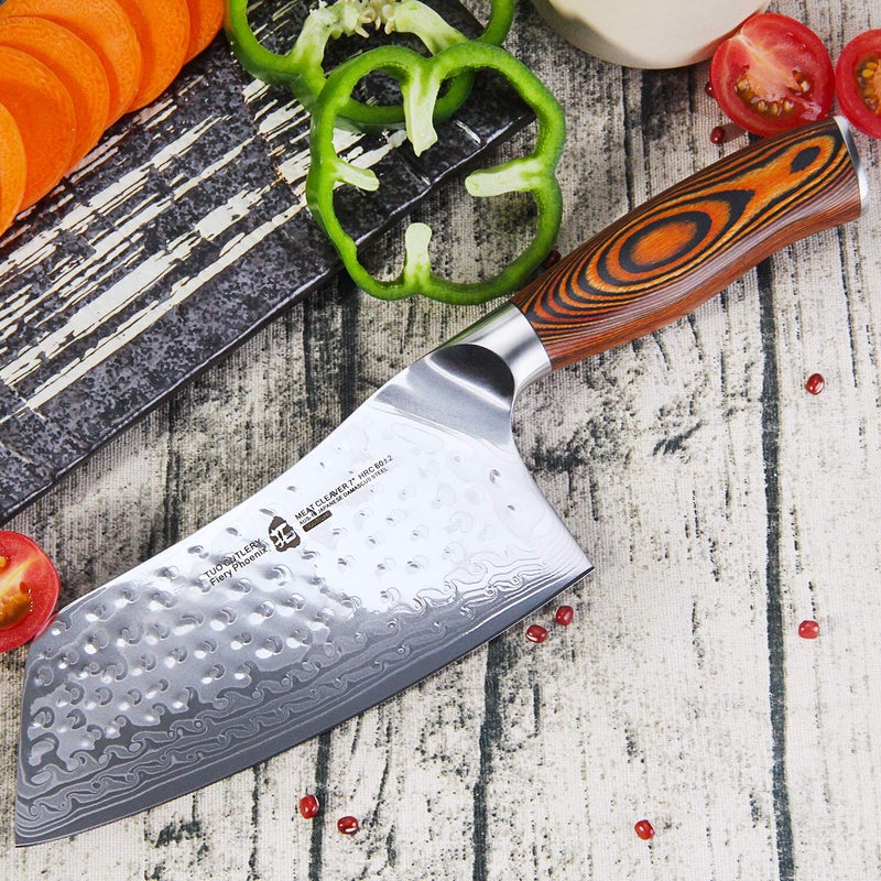 TUO Cutlery Cleaver Knife - Japanese AUS-10 Damascus Steel Hammered Finish - Chinese Chef's Knife for Meat and Vegetable with Ergonomic Pakkawood Handle - 7" - Fiery Phoenix Series - Image 5